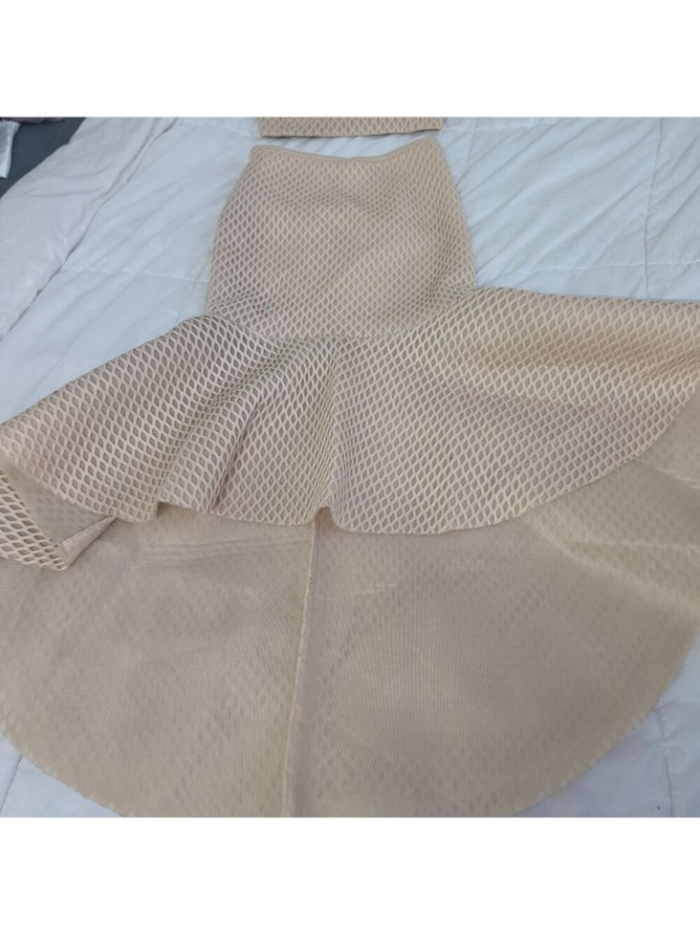 She + Sky 2 Piece Set Medium Beige Mesh Cutout Crop Top Mermaid High Low Skirt - Picture 3 of 15